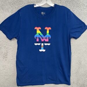 New Era New York Mets T Shirt Men's‎ Size Medium Blue Rainbow Pride Logo Tee